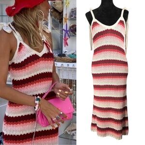 Zara Striped Crochet Knit Dress Boho Midi Red Pink White Knit Spaghetti Straps